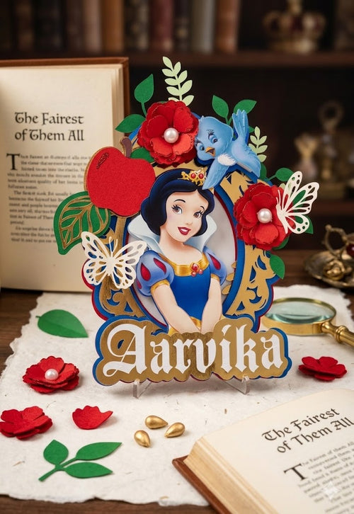 Decorative nameplate with Snow White design and flowers on a book background